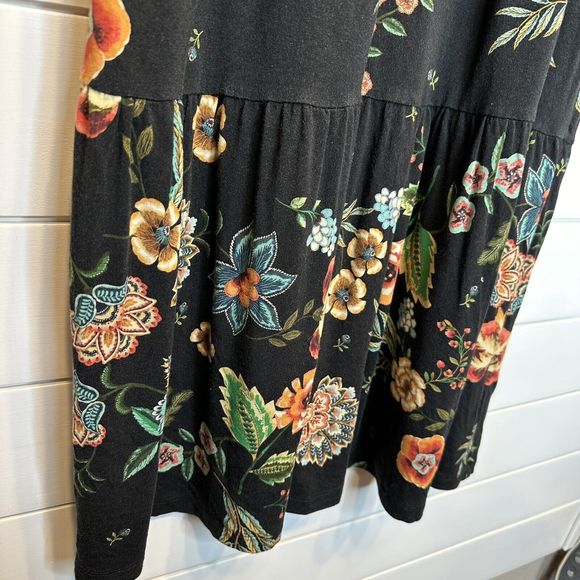 Johnny Was Bamboo Dress Small Ardell 3/4 Sleeve Tiered Knee Length Black Floral - Picture 7 of 10